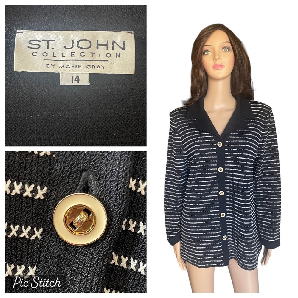 St. John collection black/White cardigan large jacket size 14